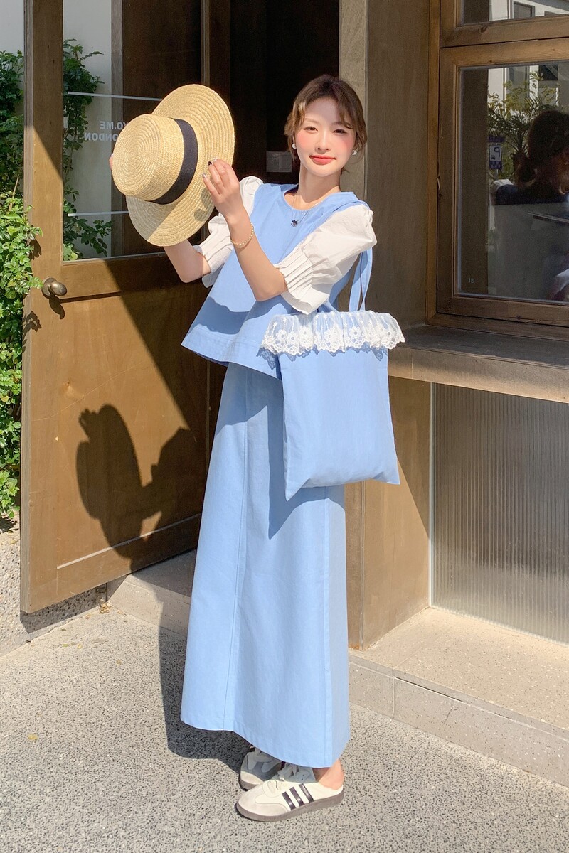 蓝色假两件拼接上衣半身裙两件套女2025夏季新款法式气质淡人穿搭图片