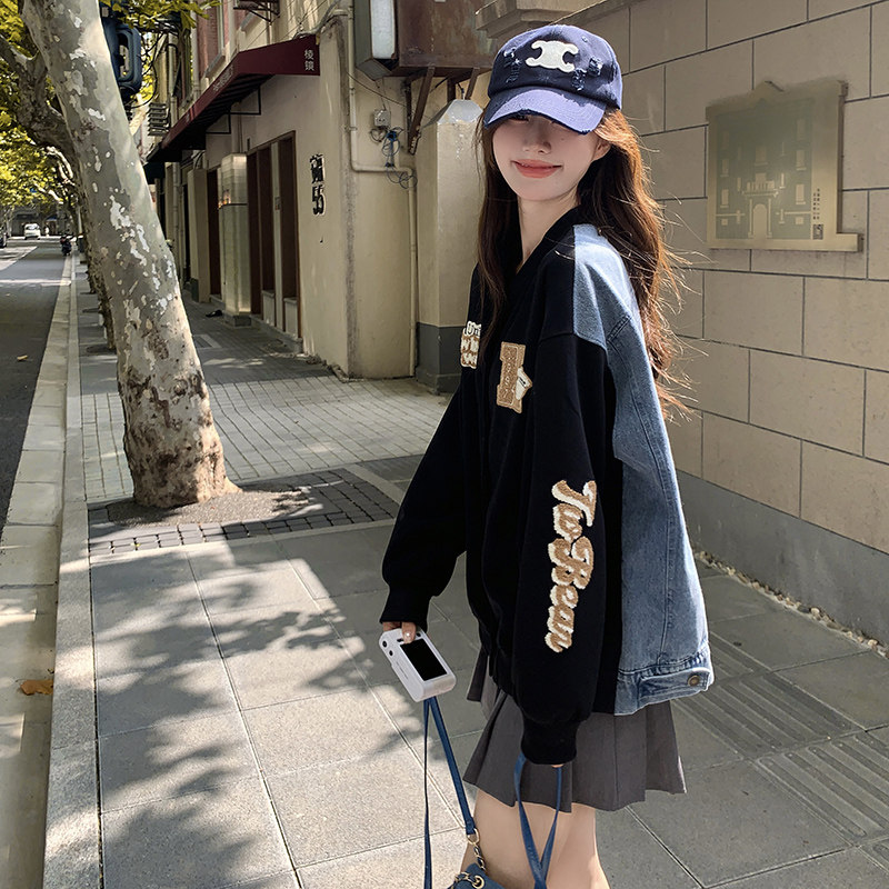 牛仔拼接黑色棒球服外套女2025春秋新款美式复古学院风小个子上衣,女装卫衣/绒衫,浙宝290（原306）