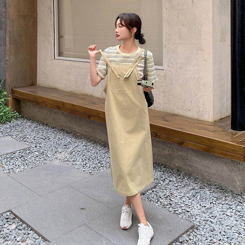 夏季韩里韩气穿搭女2025超火学院风新款条纹上衣背带裙,女装连衣裙,浙宝290（原306）