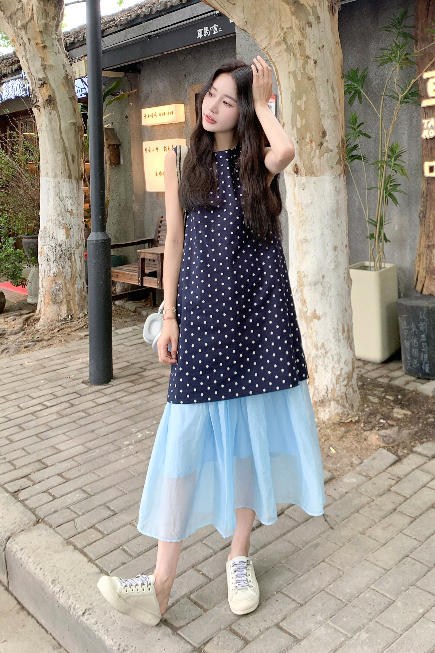 小心机无袖波点连衣裙女夏2025新款网纱鱼尾拼接长裙流行爆款时尚，女装套装/套裙，浙宝290（原306）