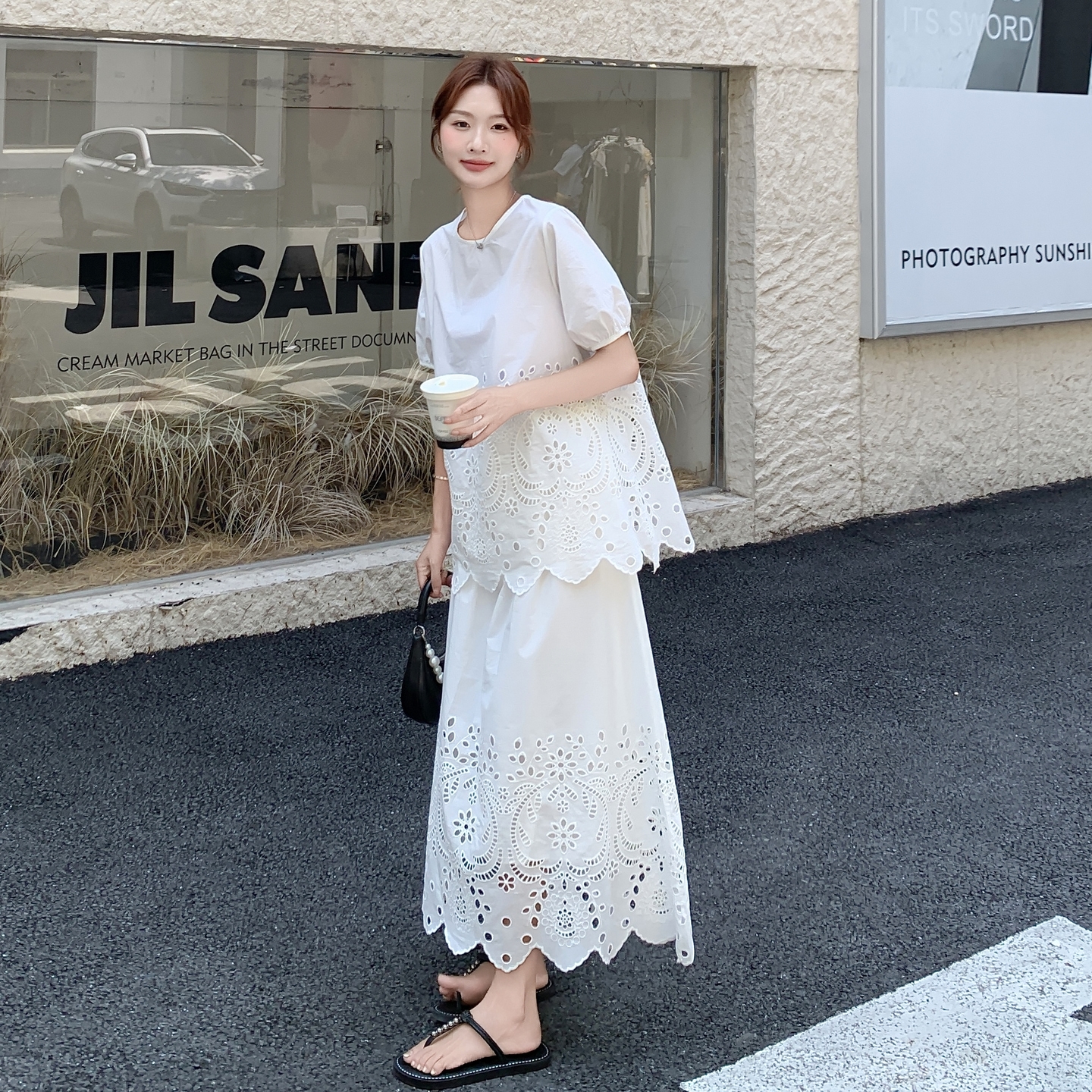 韩系夏季新款设计感休闲穿搭镂空勾花宽松显瘦上衣半身裙子两件套，女装套装/套裙，浙宝306