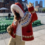 圣诞已备货-费尔岛红色带毛领毛衣外套306-AW100-p155+k238，女装针织衫/毛衣，浙宝306