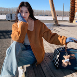 橘色麂皮绒羊羔毛外套女2024冬季新款洋气复古翻领小个子夹克上衣，女装毛呢外套，浙宝306