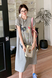 卡通小猫灰色休闲T恤连衣裙女夏2024新款网红爆款学院风韩系慵懒，女装连衣裙，浙宝306