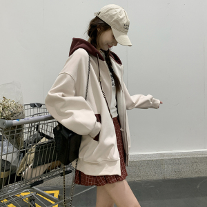 米白色连帽卫衣外套女2025年春秋新款韩版设计感宽松休闲短款上衣图片