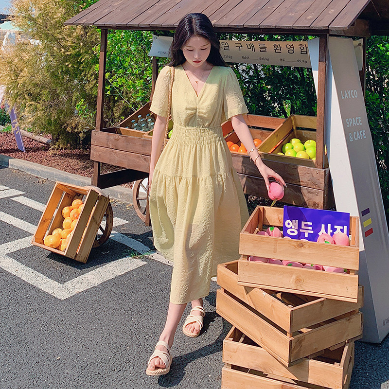 绿色泡泡袖连衣裙女中长款2024夏新款收腰显瘦温柔风小个子公主裙,女装连衣裙,浙宝290（原306）