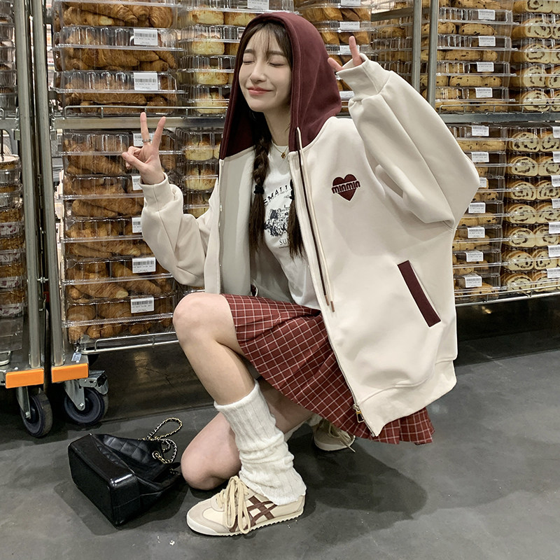 米白色连帽卫衣外套女2025年春秋新款韩版设计感宽松休闲短款上衣,女装卫衣/绒衫,浙宝290（原306）