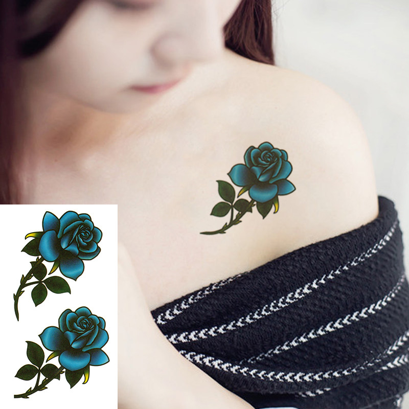 满16元包邮 小清新蓝玫瑰花美女纹身贴防水女款持久逼真刺青贴