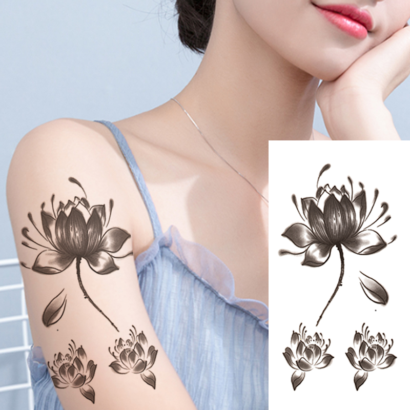 黑色莲花防水男女持久性感黑白荷花锁骨手腕脚裸脖子刺青纹身贴纸