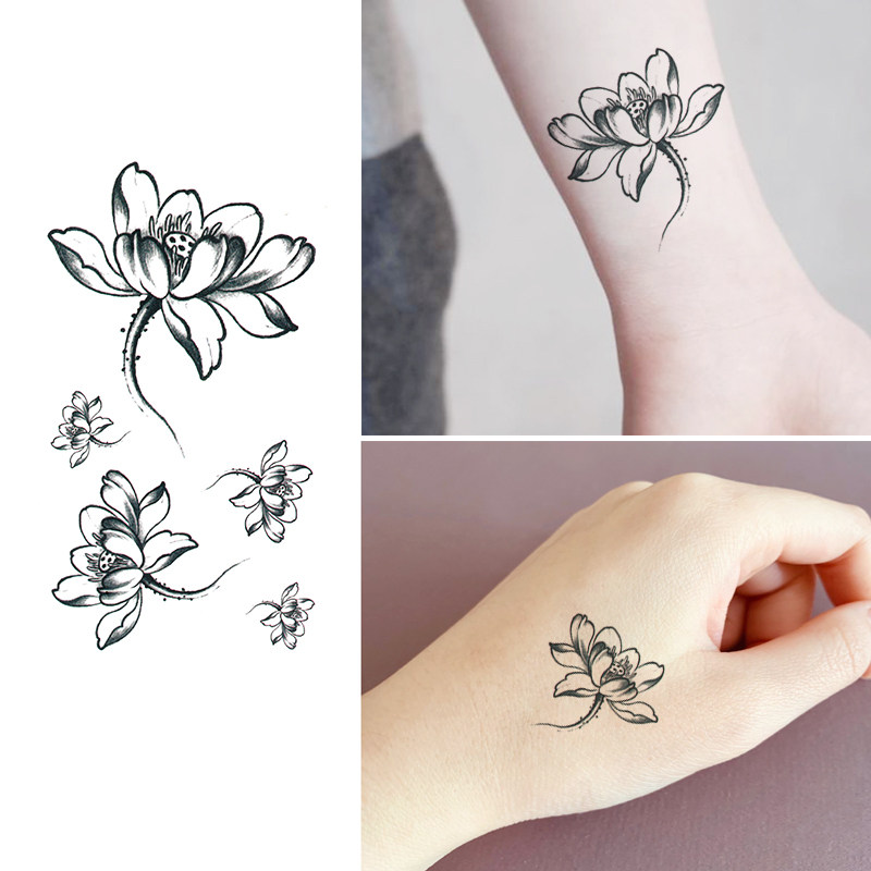 黑白莲花纹身贴纸防水女持久性感个性仿真荷花刺青小图案小纹身贴