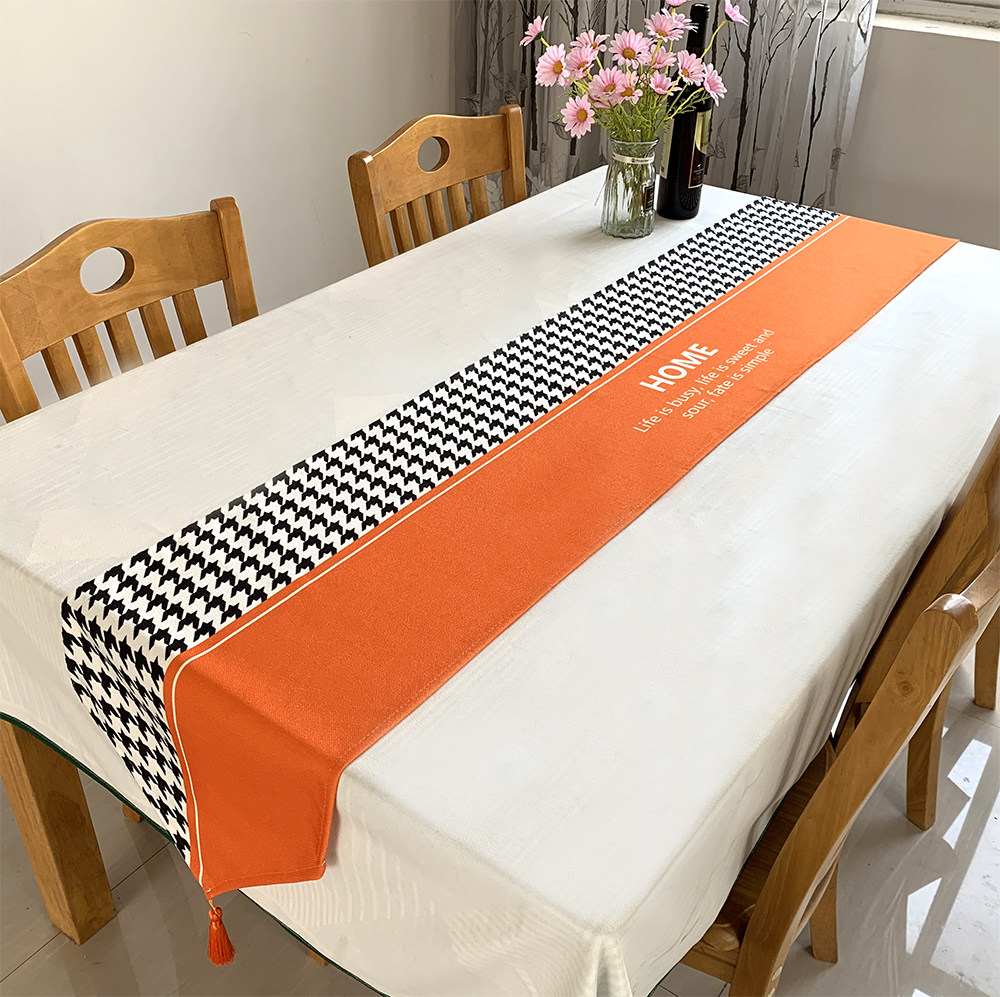北欧简约现代千鸟格桌旗轻奢高级感茶几边斗柜鞋柜电视柜盖巾橙色