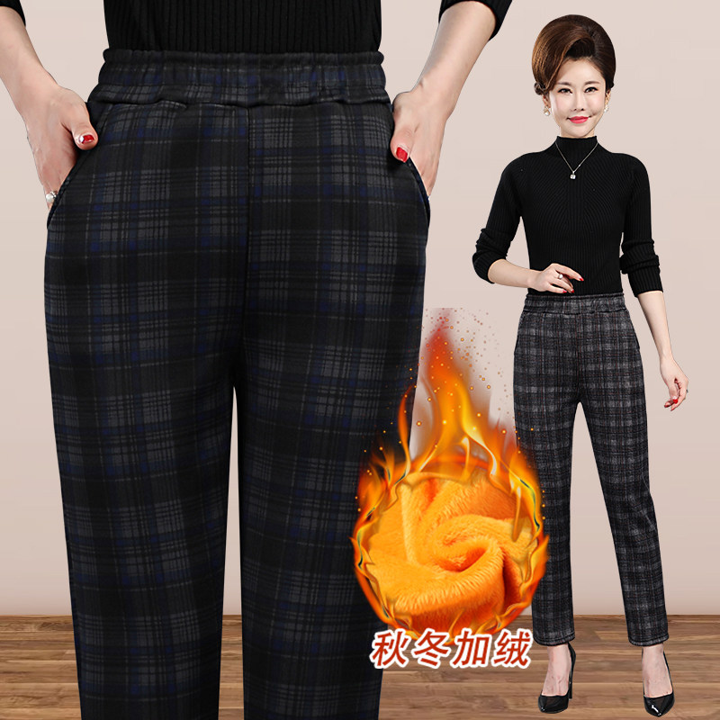 中老年秋冬新款加绒加厚外穿打底裤松紧腰大码妈妈裤高腰弹力长裤