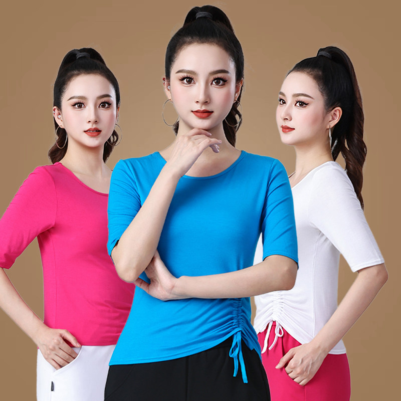 瑜伽形体服女广场舞服装圆领五分袖抽绳上衣户外健身运动跳舞衣服