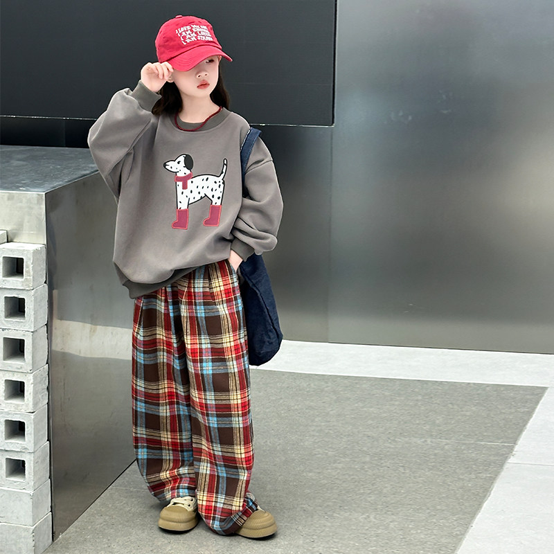 女童秋款格子卫衣阔腿裤套装