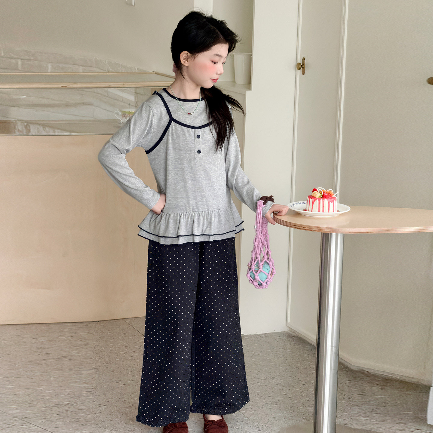 女童秋装条纹背心阔腿裤三件套