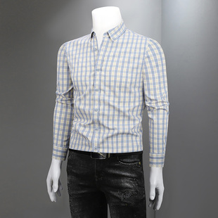 潮流高端商务休闲男士 格子衬衫 黄色百搭高级感时尚 春季 衬衣 男长袖