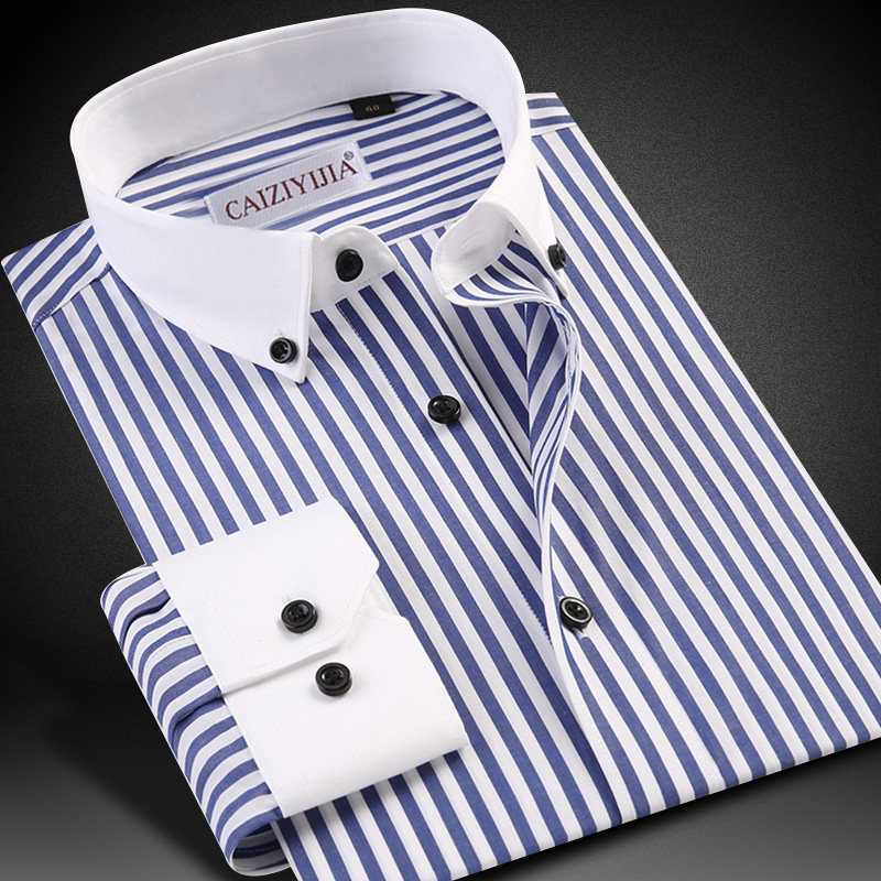 男士蓝色条纹长袖衬衫春季修身潮流拼接商务休闲纯棉免烫白领衬衣