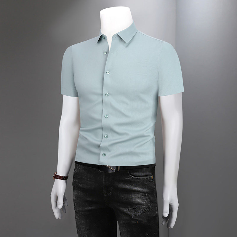 2026夏季新款男士短袖衬衫高级感商务休闲纯色桑蚕丝免烫衬衣痞帅