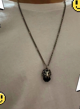 S925银个性做旧复古黑色水晶狮子头项链男女同款