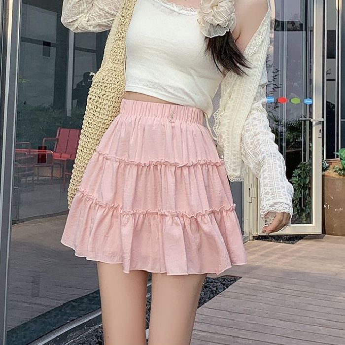 2025夏新款温柔风蛋糕半身裙女小个子松紧高腰蓬蓬A字短裙防走光