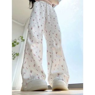 高腰直筒休闲显瘦运动长裤 白色碎花阔腿裤 2024新款 女夏季 薄款