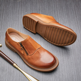 低帮软面厚底真皮一脚蹬 商务大头皮鞋 日本代购 LP英伦复古拉链男鞋