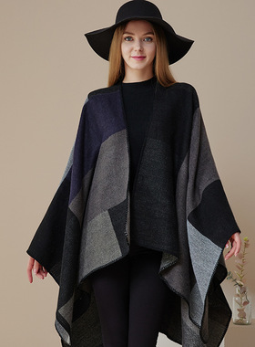 法国CINSKINS湖光潋滟~双面格子羊绒披肩女斗篷加大加厚保暖围巾