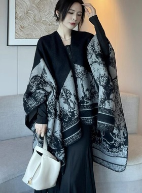 法国CINSKINS~江南水乡双面披肩动物文艺女羊绒开叉油画披风斗篷