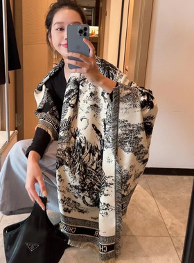 法国CINSKINS良辰美景~黑白山茶花羊绒围巾女秋冬外披肩保暖围脖