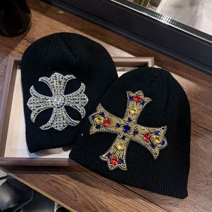 重工串珠宝石十字架黑色毛线帽女秋冬小众复古街头嘻哈针织包头帽