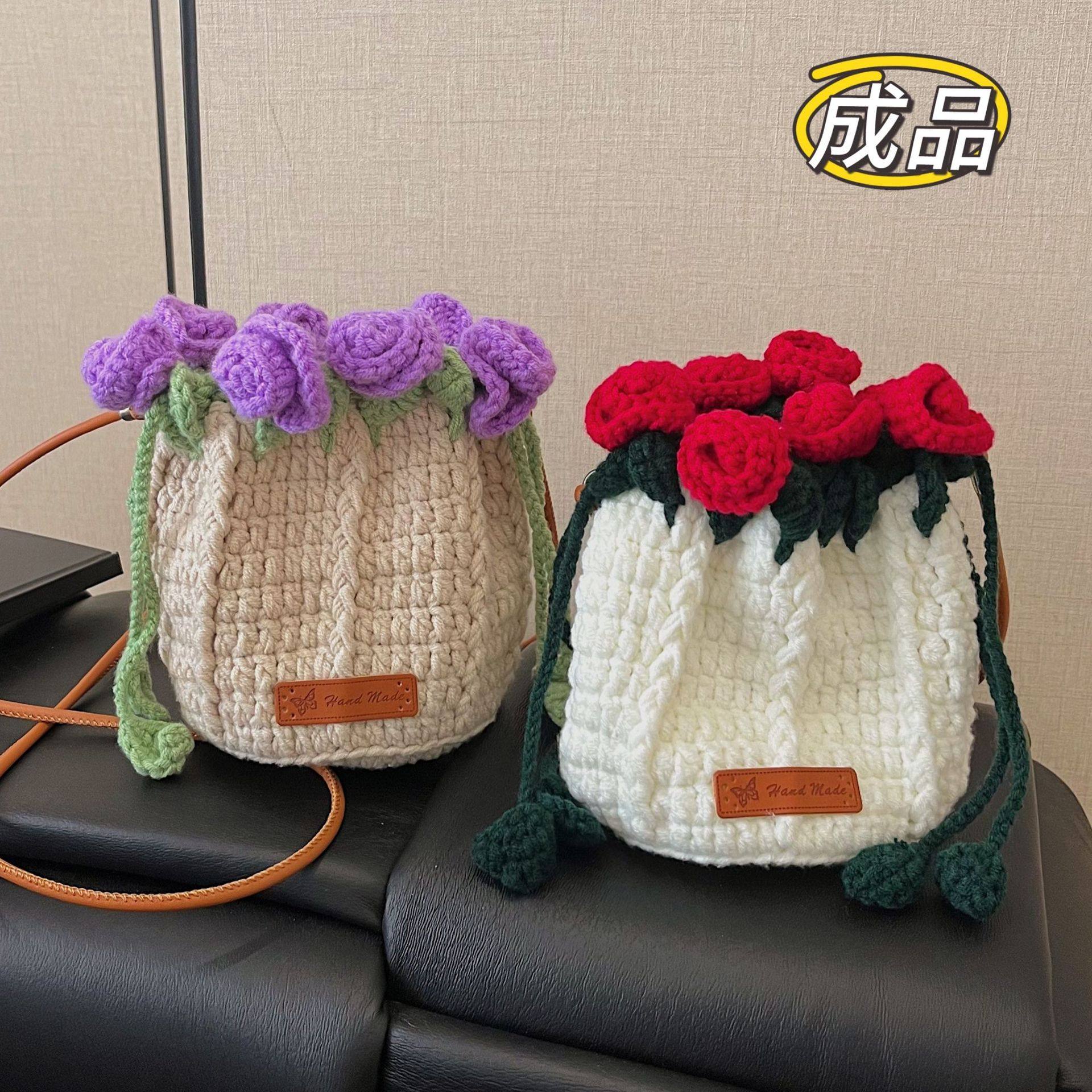玫瑰花手工编织包包毛线成品水桶包夏天斜挎小包手机包花束毯礼物