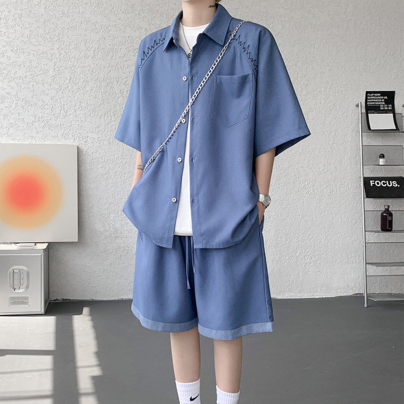 丝巾领带冰感牛仔短袖套装男夏季加肥加大码潮牌宽松衬衫短裤一套