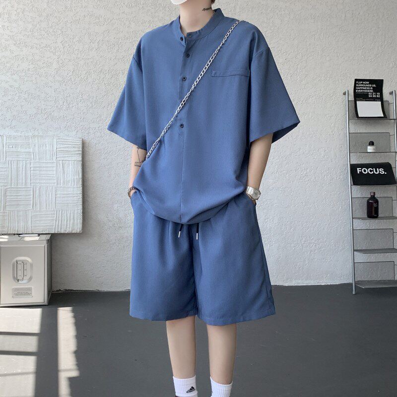 美式复古冰丝牛仔套装男夏季慵懒休闲衬衫短裤两件套潮流宽松穿搭