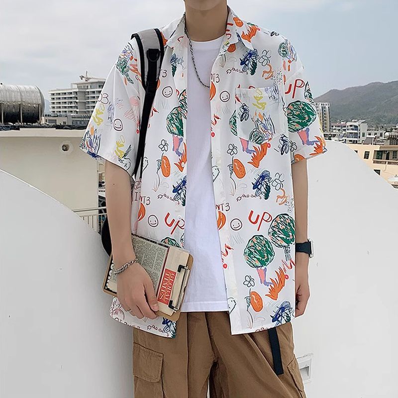 冰丝短袖花衬衫男士夏季潮牌痞帅