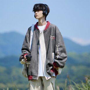 美式拼接翻领刺绣棒球服男秋冬季青少年春秋大码宽松夹克外套男生