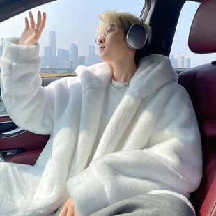 仿兔毛加绒加厚棉衣外套男冬季羊羔毛保暖连帽棉服夹克毛茸茸棉袄