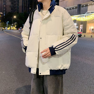 三条杠白色羽绒棉服男款冬季加厚情侣棉衣外套防寒美式立领面包服