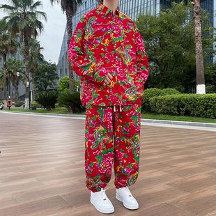 套装 东北大花衬衫 中国风民族碎花衬衣外套一整套情侣装 秋季 男长袖