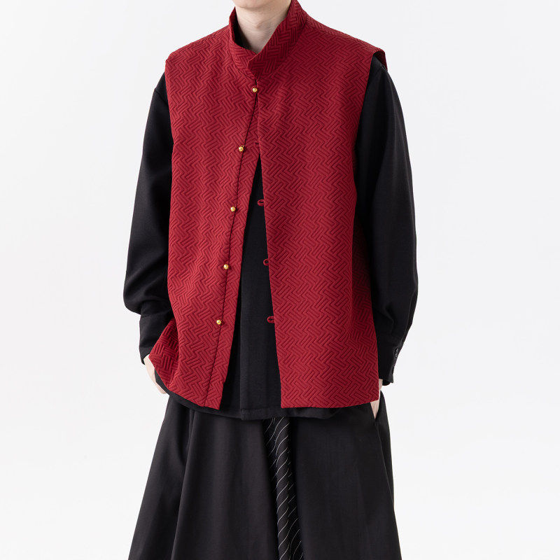 新中式提花铜扣马甲男国潮复古立领无袖外套秋季背心坎肩唐装汉服,男装,背心,淘宝优惠券,粉丝福利购,淘宝优惠卷