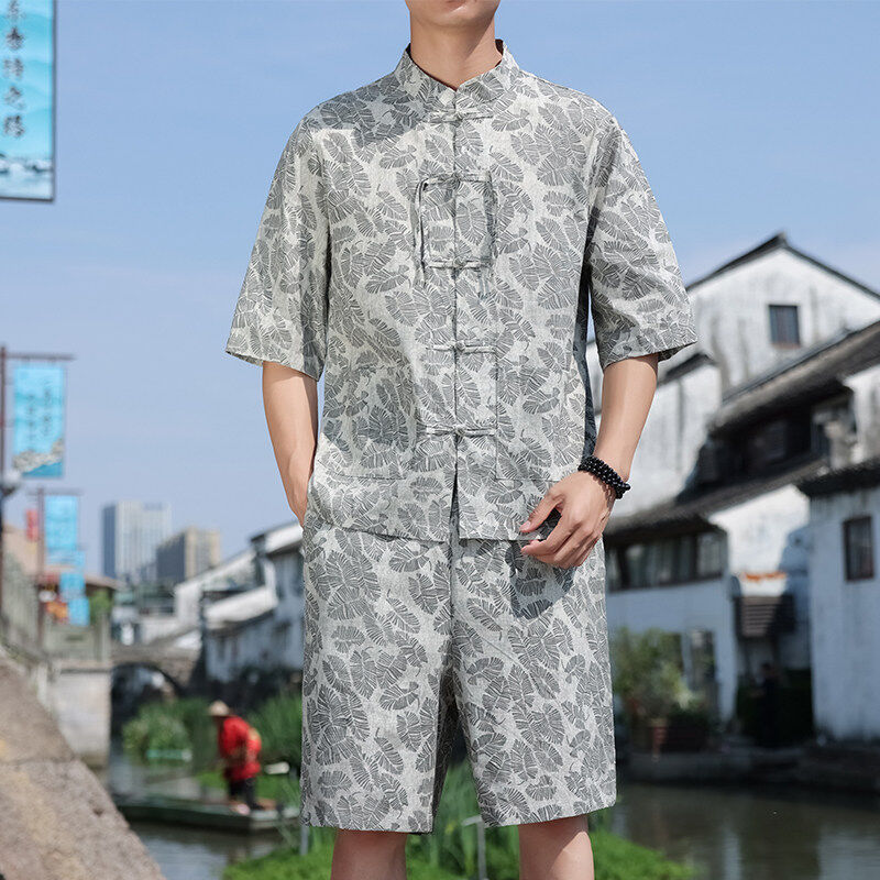 夏季新款男装新中式复古印花中国风禅服盘扣衬衫五分短裤大码唐装