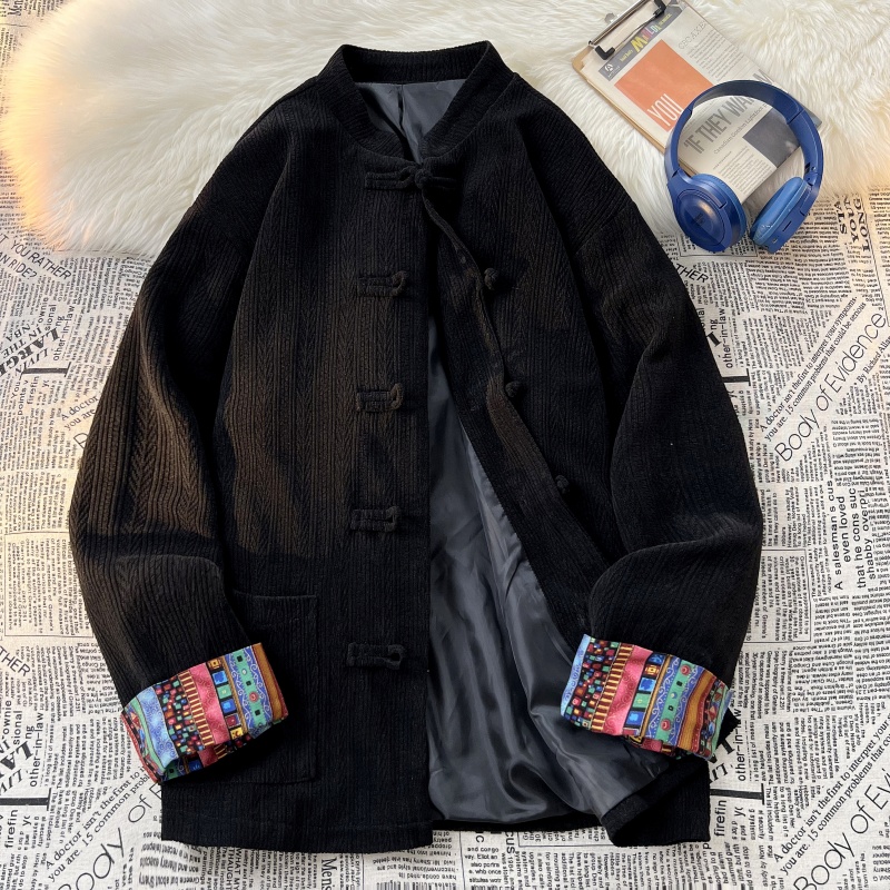 新中式麦穗纹灯芯绒衬衫男款棕咖色民族风长袖衬衣高级感盘扣外套