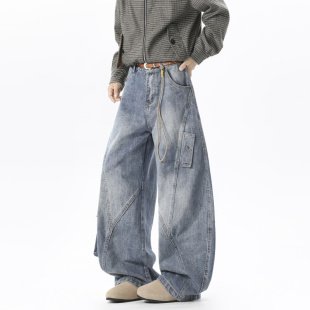 美式复古弯刀阔腿牛仔裤男秋季宽松休闲直筒裤潮牌高级感痞帅男装