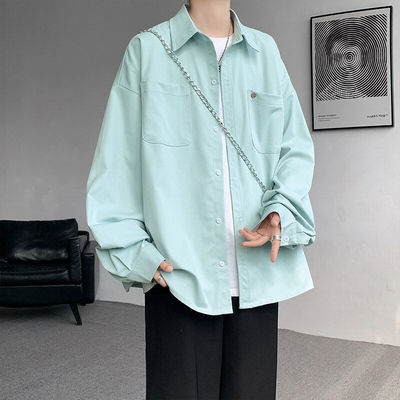 糖果色多巴胺长袖衬衫男春装加肥加大码潮胖人宽松休闲衬衣薄外搭