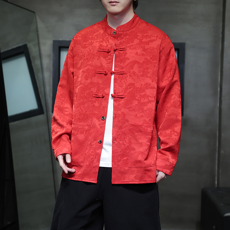 中国风高级感提花盘扣长袖衬衫男