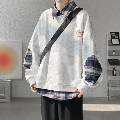 假两件设计感格子衬衫领加绒卫衣