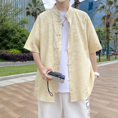 夏季薄款冰丝龙纹短袖衬衫男中国风唐装盘扣汉服宽松大码半袖衬衣