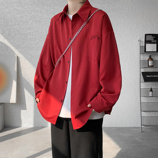 酒红衬衫男夏季薄款冰丝衬衣宽松大码痞帅高级感慵懒休闲防晒外套
