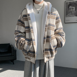 男士冬装外套2025新款羊羔绒夹克加绒加厚秋冬季衣服格子毛呢棉衣