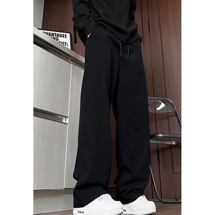 子纯色潮牌痞帅直筒阔腿裤 黑色垂感抽绳西裤 男早秋气质穿搭休闲裤