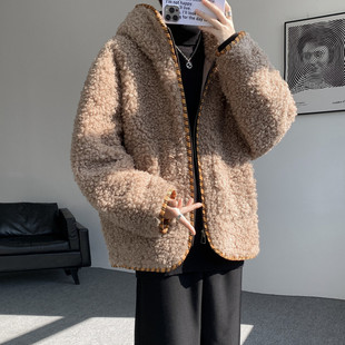 复古卡其色羊羔毛棉衣连帽外套男款冬季慵懒高级感加厚绒保暖棉服